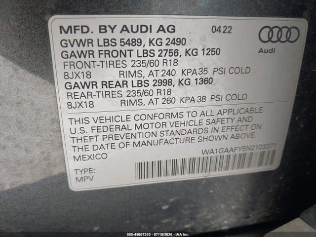 2022 AUDI Q5 PREMIUM 45 TFSI S LINE QUATTRO S TRONIC 9