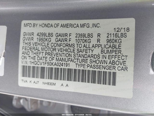 2019 HONDA ACCORD EX-L 9