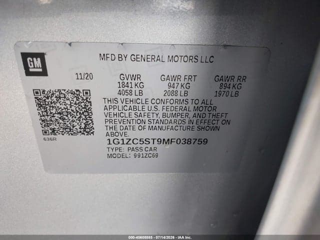 2021 CHEVROLET MALIBU FWD 1FL 9