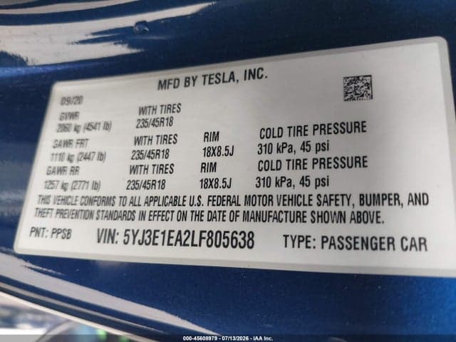 2020 TESLA MODEL 3 STANDARD RANGE PLUS REAR-WHEEL DRIVE/STANDARD RANGE REAR-WHEEL DRIVE 9