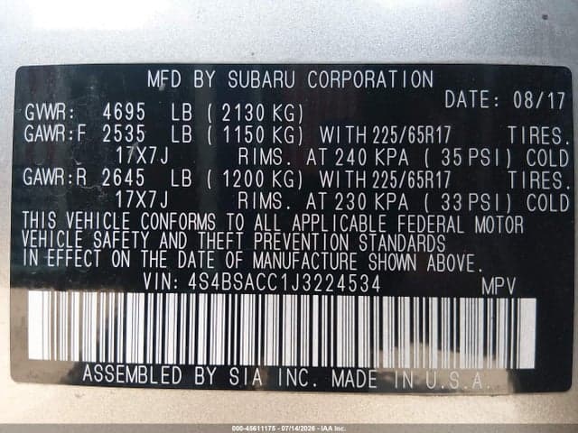 2018 SUBARU OUTBACK 2.5I PREMIUM 9