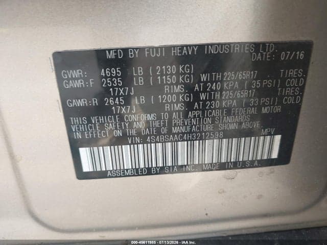 2017 SUBARU OUTBACK 2.5I 9