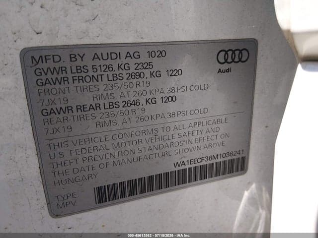 2021 AUDI Q3 PREMIUM PLUS 45 TFSI S LINE QUATTRO TIPTRONIC 9