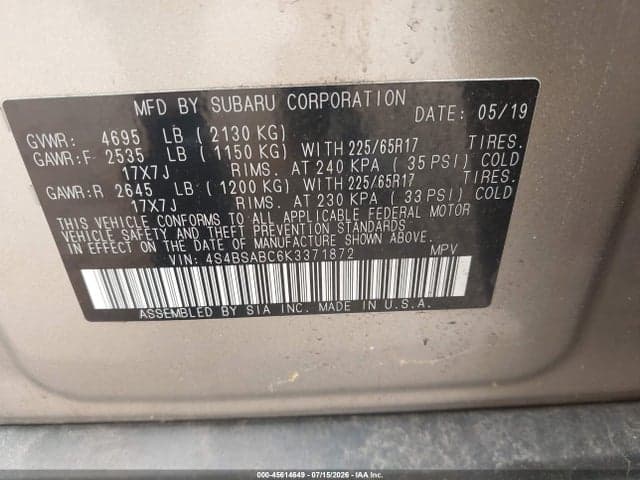 2019 SUBARU OUTBACK 2.5I 9