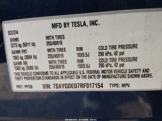2024 TESLA MODEL Y LONG RANGE SINGLE MOTOR REAR-WHEEL DRIVE/RWD 9