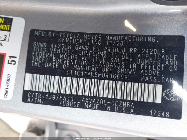 2021 TOYOTA CAMRY LE 9