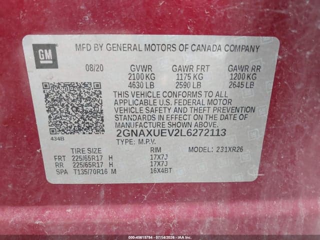 2020 CHEVROLET EQUINOX AWD LT 1.5L TURBO 9