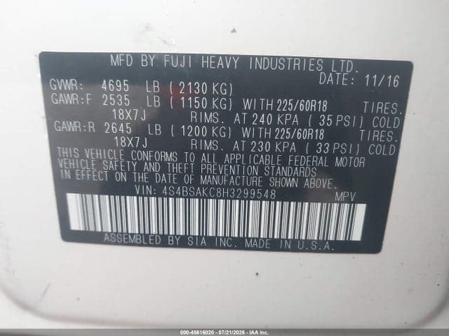 2017 SUBARU OUTBACK 2.5I LIMITED 9
