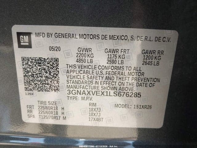 2020 CHEVROLET EQUINOX AWD LT 2.0L TURBO 9