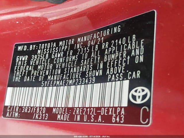 2021 TOYOTA COROLLA LE 9