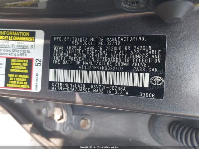 2019 TOYOTA CAMRY XLE V6 9