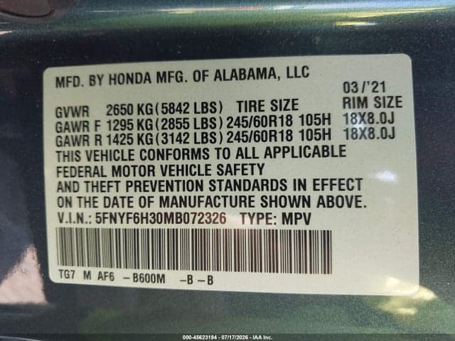 2021 HONDA PILOT AWD EX 9
