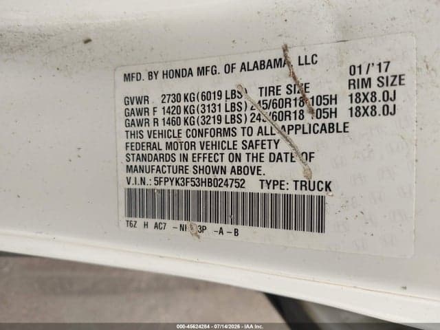 2017 HONDA RIDGELINE RTL 9