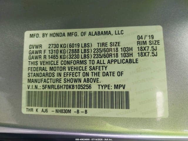 2019 HONDA ODYSSEY EX-L 9