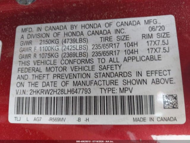 2020 HONDA CR-V AWD LX 9