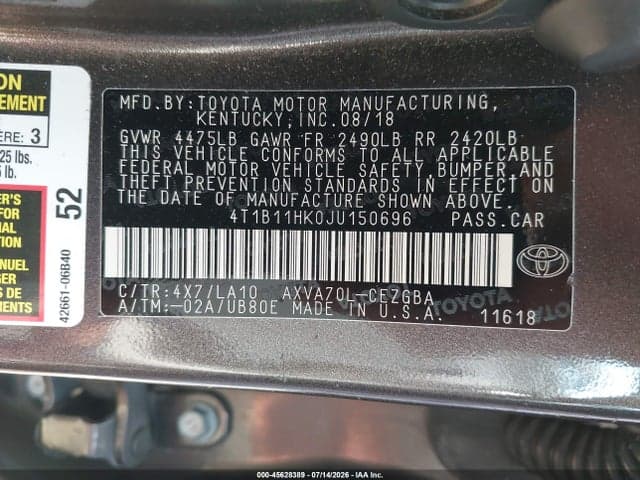 2018 TOYOTA CAMRY XLE 9