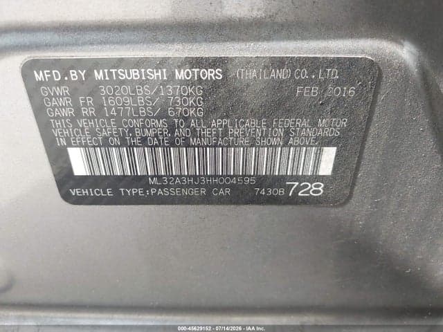 2017 MITSUBISHI MIRAGE ES 9