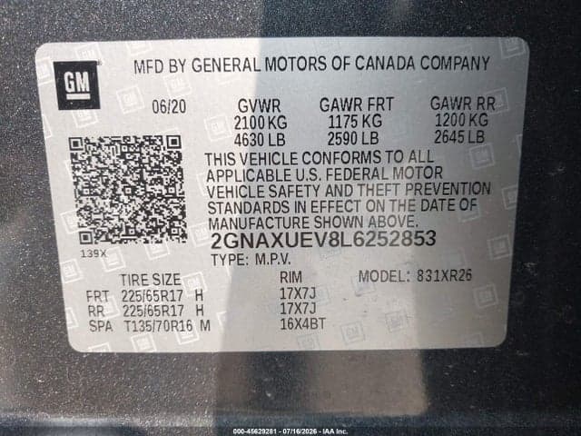 2020 CHEVROLET EQUINOX AWD LT 1.5L TURBO 9