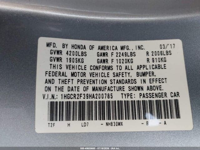 2017 HONDA ACCORD LX 9