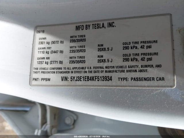 2019 TESLA MODEL 3 LONG RANGE/PERFORMANCE 9