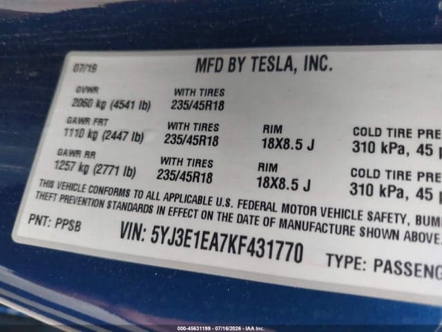 2019 TESLA MODEL 3 LONG RANGE/MID RANGE/STANDARD RANGE/STANDARD RANGE PLUS 9