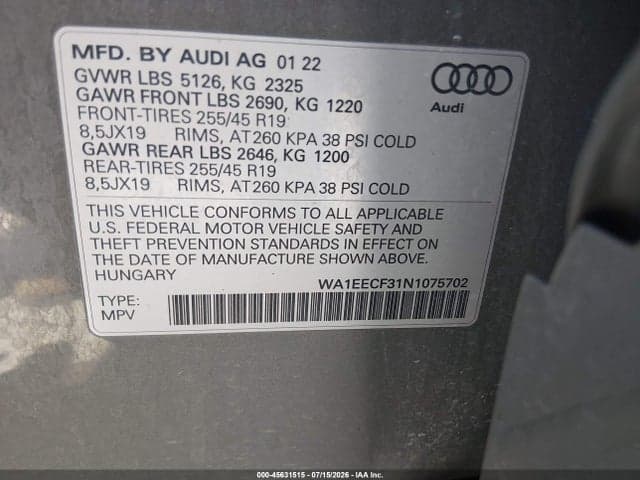 2022 AUDI Q3 PREMIUM PLUS 45 TFSI S LINE QUATTRO TIPTRONIC 9