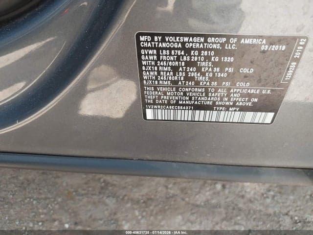 2019 VOLKSWAGEN ATLAS 3.6L V6 SE W/TECHNOLOGY 9
