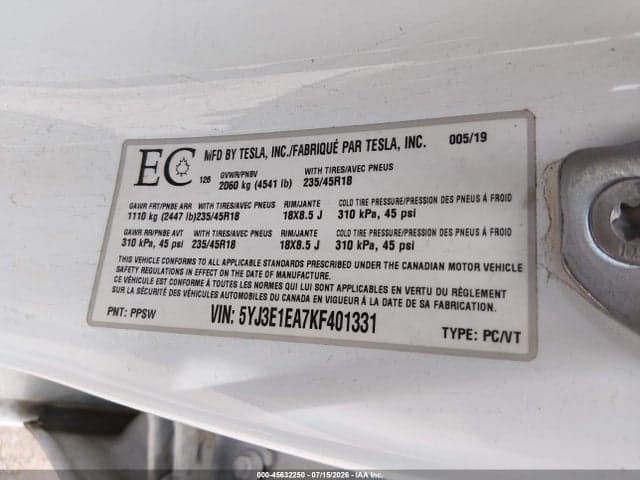 2019 TESLA MODEL 3 LONG RANGE/MID RANGE/STANDARD RANGE/STANDARD RANGE PLUS 9