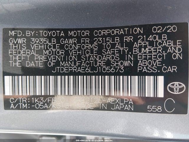 2020 TOYOTA COROLLA LE 9