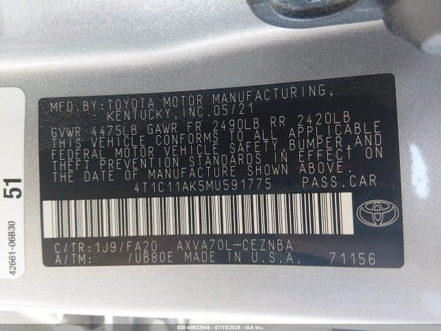 2021 TOYOTA CAMRY LE 9
