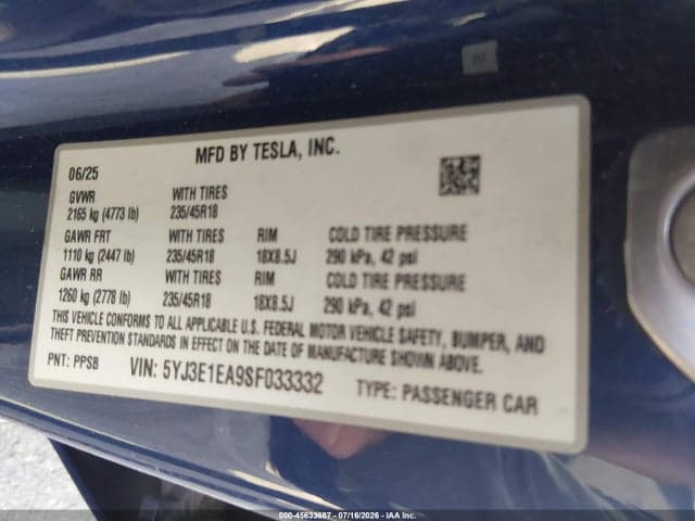 2025 TESLA MODEL 3 LONG RANGE REAR-WHEEL DRIVE/STANDARD REAR-WHEEL DRIVE 9