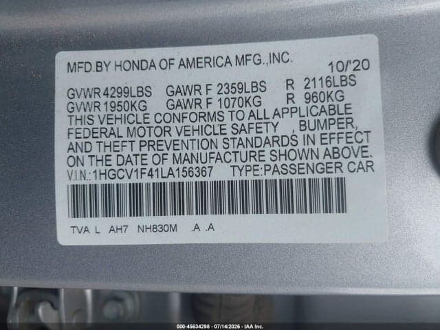 2020 HONDA ACCORD EX 9