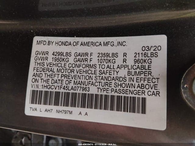 2020 HONDA ACCORD EX 9