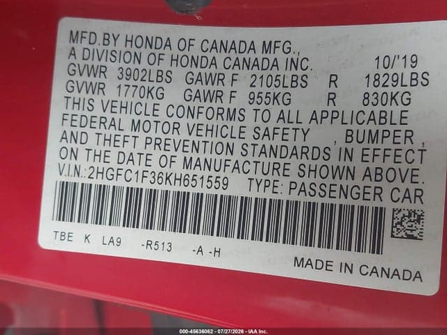 2019 HONDA CIVIC EX 9
