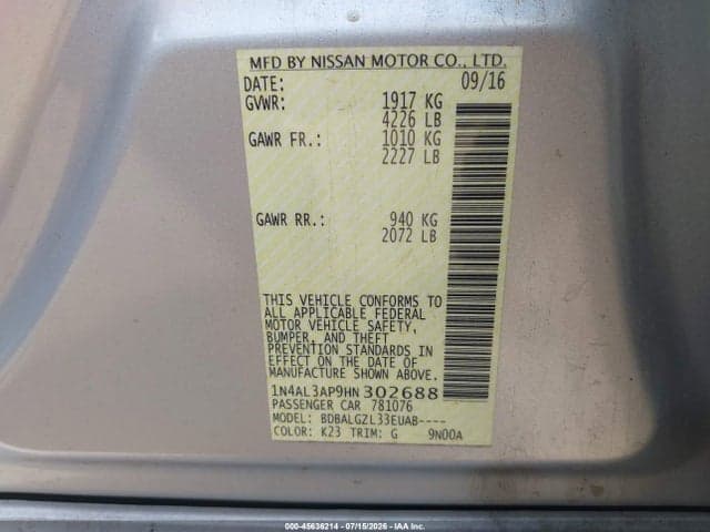 2017 NISSAN ALTIMA 2.5/2.5 S/2.5 SL/2.5 SR/2.5 SV 9