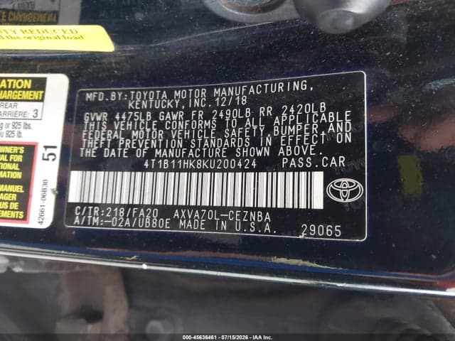 2019 TOYOTA CAMRY LE 9