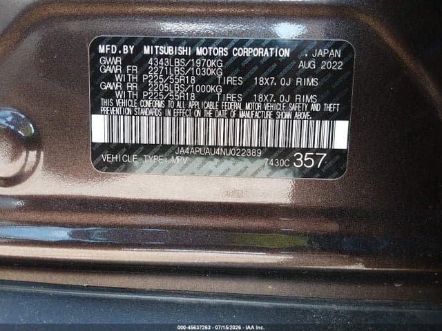 2022 MITSUBISHI OUTLANDER SPORT 2.0 BE 2WD/2.0 ES 2WD/2.0 LE 2WD/2.0 S 2WD 9
