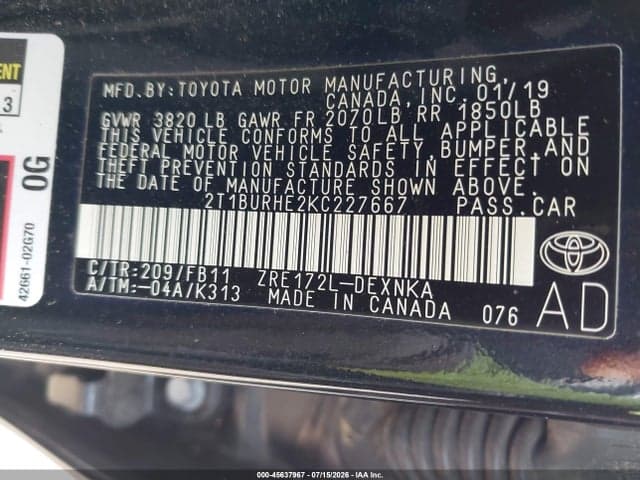 2019 TOYOTA COROLLA LE 9