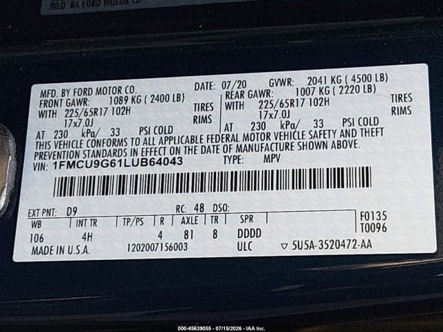 2020 FORD ESCAPE SE 9