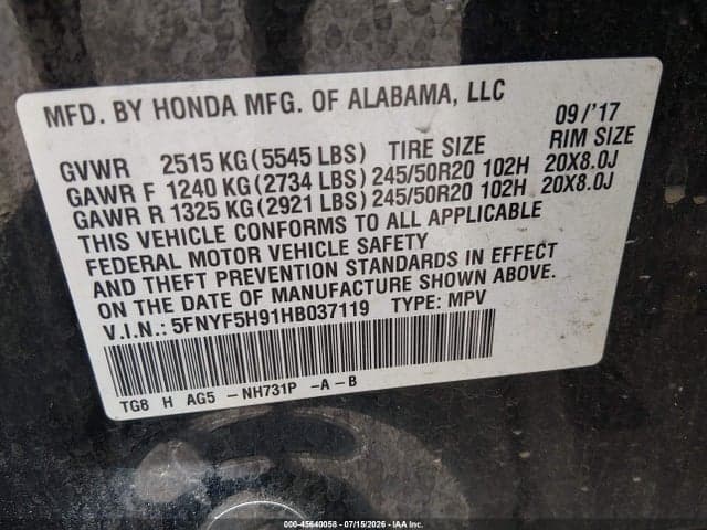 2017 HONDA PILOT TOURING 9
