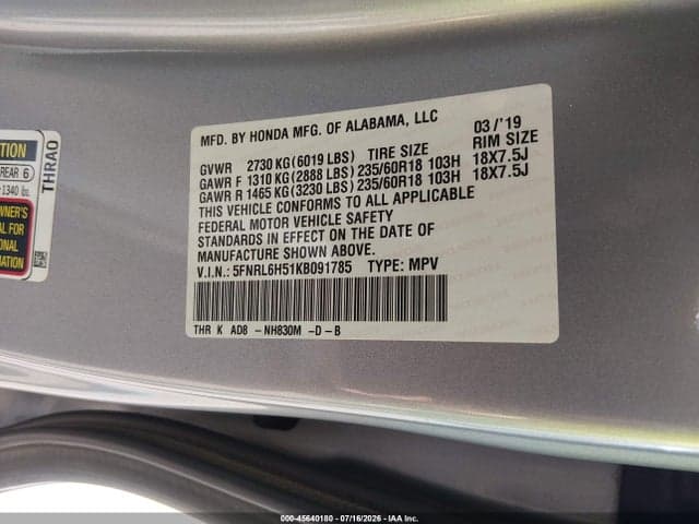 2019 HONDA ODYSSEY EX 9