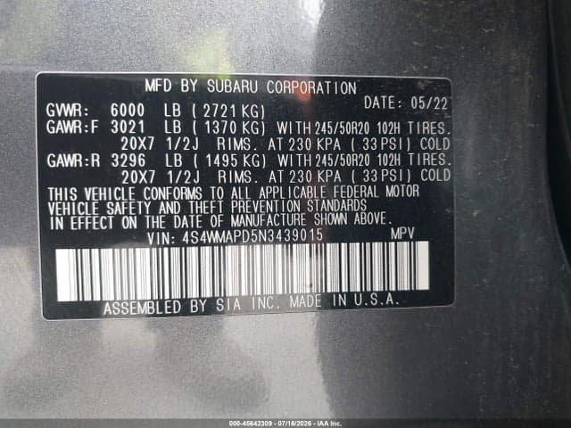 2022 SUBARU ASCENT LIMITED 9