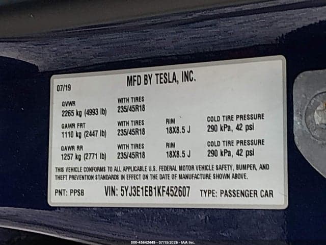 2019 TESLA MODEL 3 LONG RANGE/PERFORMANCE 9