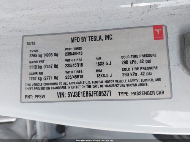 2018 TESLA MODEL 3 LONG RANGE/PERFORMANCE 9