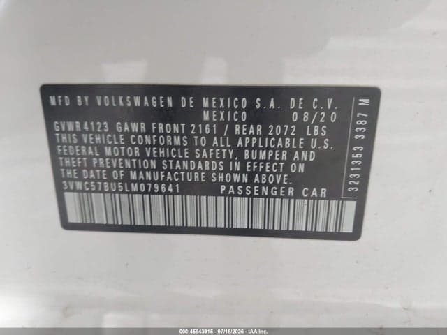 2020 VOLKSWAGEN JETTA 1.4T R-LINE/1.4T S/1.4T SE 9