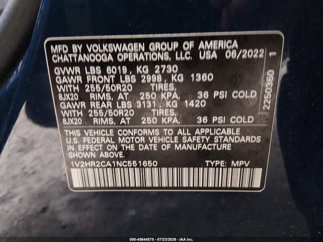 2022 VOLKSWAGEN ATLAS 3.6L V6 SE W/TECHNOLOGY 9