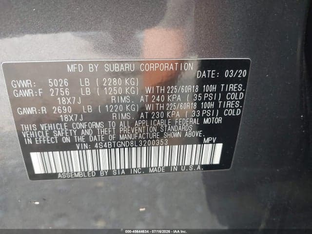 2020 SUBARU OUTBACK LIMITED XT 9