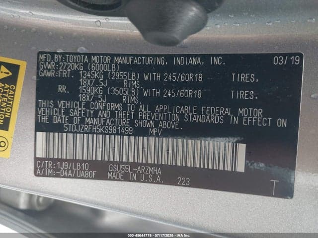 2019 TOYOTA HIGHLANDER XLE 9