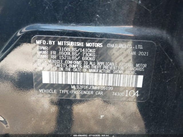 2021 MITSUBISHI MIRAGE G4 CARBONITE EDITION/ES/LE 9