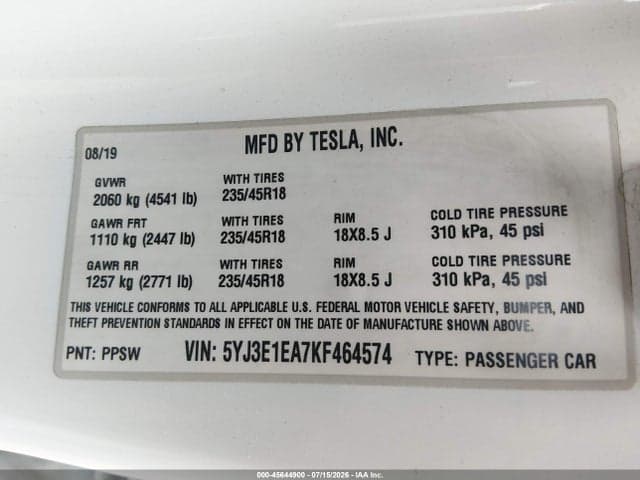 2019 TESLA MODEL 3 LONG RANGE/MID RANGE/STANDARD RANGE/STANDARD RANGE PLUS 9